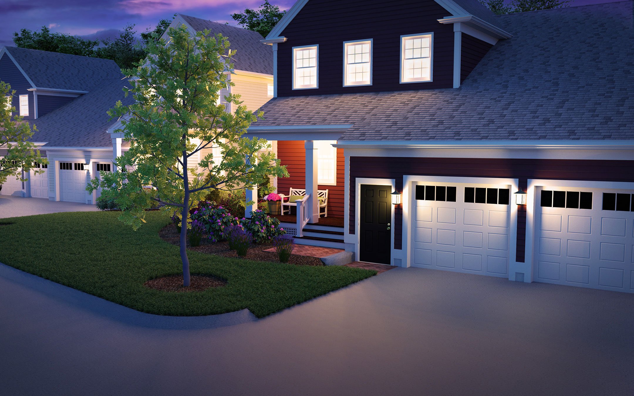 Summer Reach active adult community home exterior at twilight in Plymouth MA